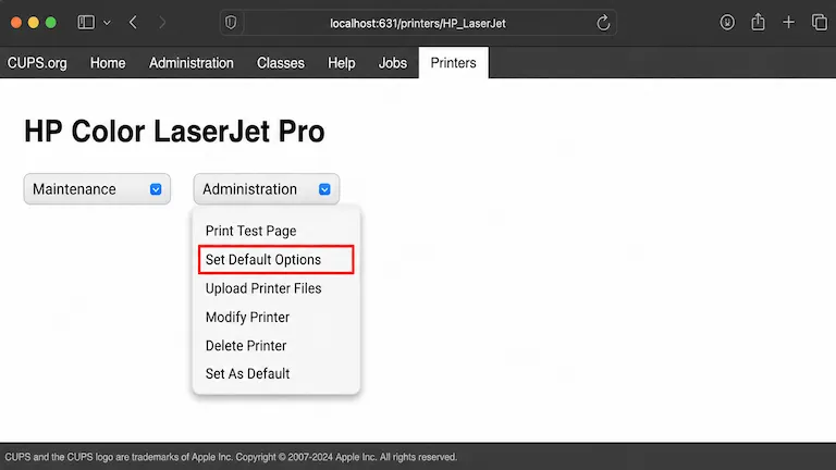 Mac CUPS web interface showing the Set Default Options button.