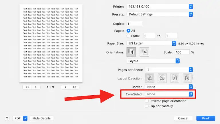 Mac print dialog on macOS Monterey showing the Layout menu and Two-Sided option with a red arrow pointing to it.