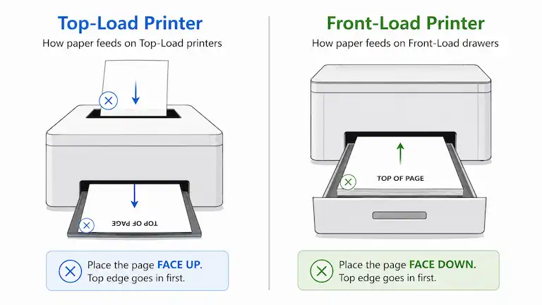 Diagram showing how to reinsert paper for manual double-sided printing on top-load and front-load printers.