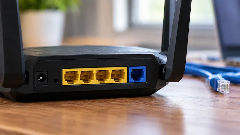 ASUS router back panel showing blue WAN and yellow LAN ports.