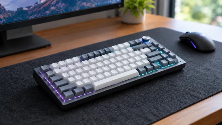 Grey and white AULA F75 mechanical keyboard on a dark desk mat ready for software configuration.