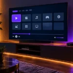 Smart TV and glowing router in a modern living room representing a buffer-free stremio real debrid setup.