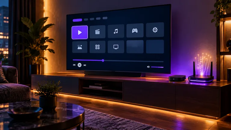 Smart TV and glowing router in a modern living room representing a buffer-free stremio real debrid setup.