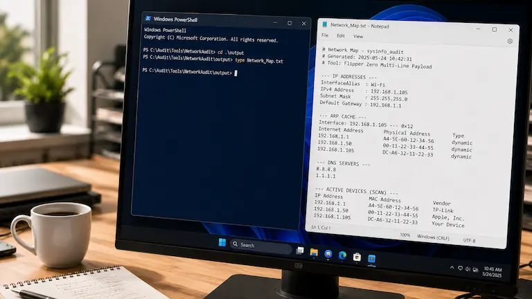Windows monitor showing a Flipper Zero network audit report.