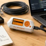 An IT workbench featuring a device connected to a laptop for testing advanced Flipper Zero Payloads and diagnostic scripts.