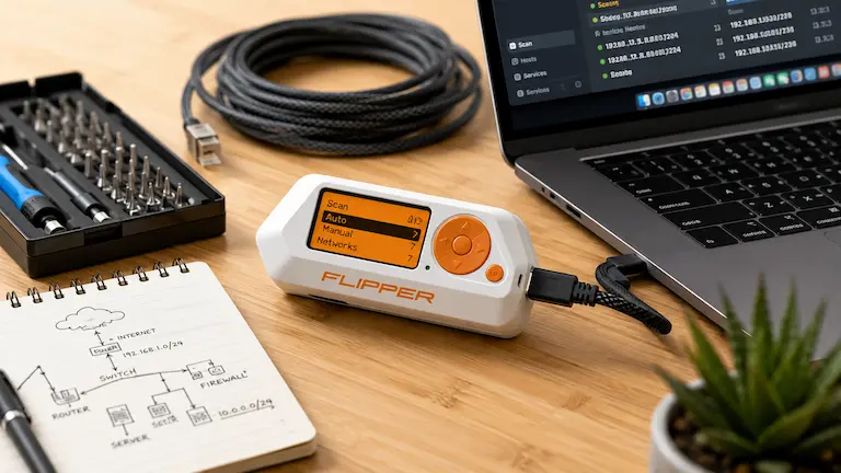 An IT workbench featuring a device connected to a laptop for testing advanced Flipper Zero Payloads and diagnostic scripts.
