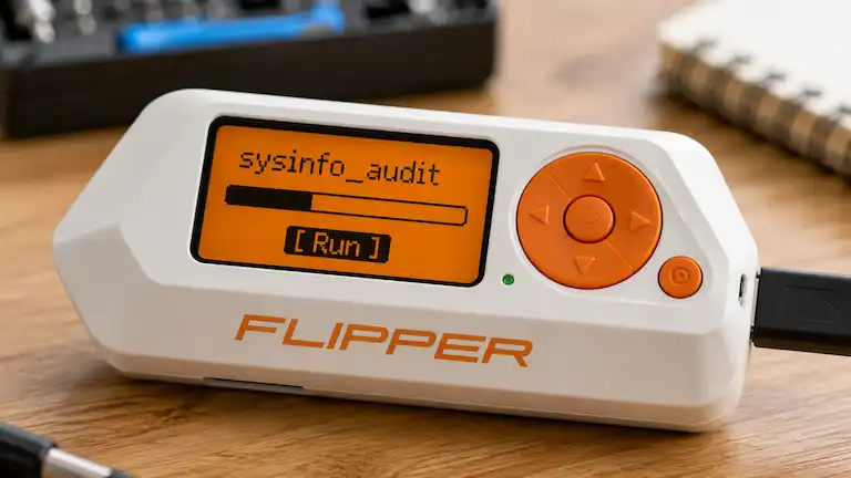 Flipper Zero screen displaying a BadUSB payload script ready to run.