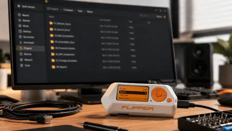 Flipper Zero connected to a PC for organizing BadUSB payloads.