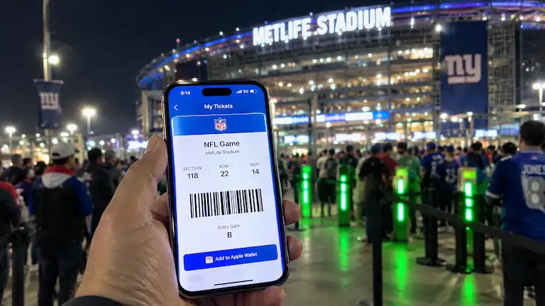 Is SeatGeek legit? A fan holding a mobile ticket outside stadium turnstiles.